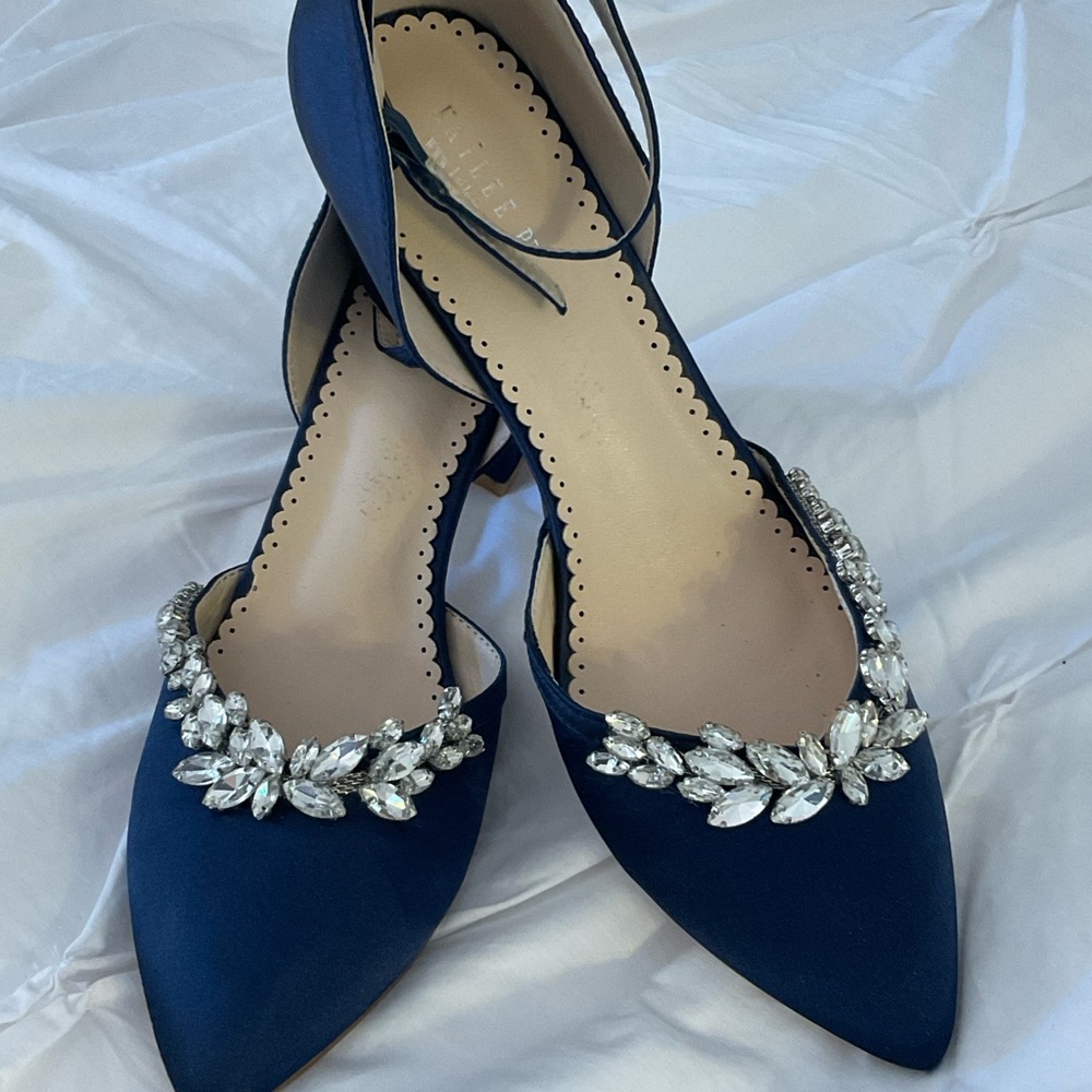 Navy Satin Block Heel Rhinestone Appliquéd Evening Shoe 9